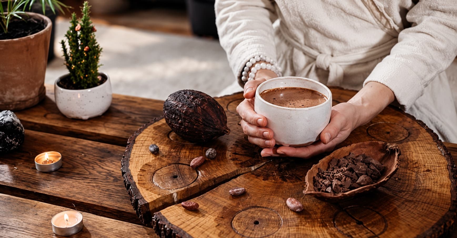 Manos sosteniendo un cuenco de cacao junto a una mazorca y granos de cacao